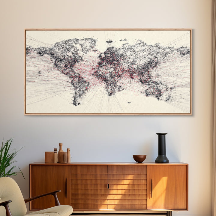 Dotted World Map In Black And Red, African Inspired Wall Art, Abstract Global Network Print, Modern Office Home Decor Gift