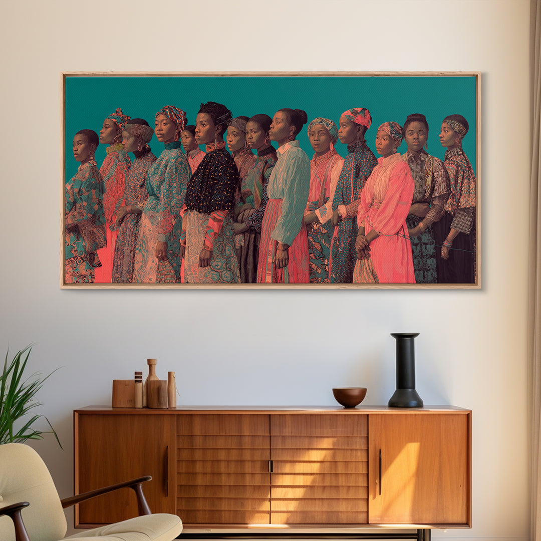 Portrait Line Of African Women In Ankara Dresses, Framed Canvas Print, Black Woman Art, Afrocentric Wall Decor Gift For Her