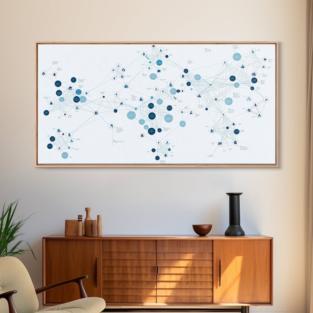 Blue Global Data Network Map Canvas Print, Abstract Wall Art, Modern Office Decor, Minimalist Technology Home Decor Gift