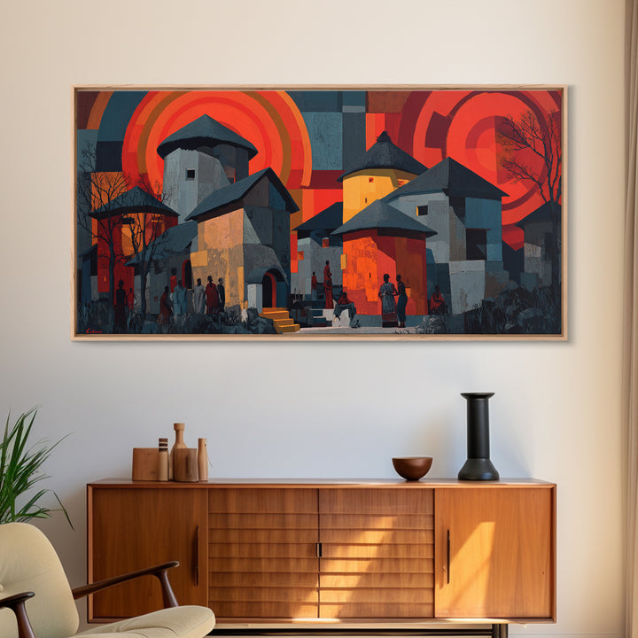 Red Sunset African Village Houses Wall Art, Modern African Art, Cultural Home Decor, Bold Geometric Canvas Print Gift For Him