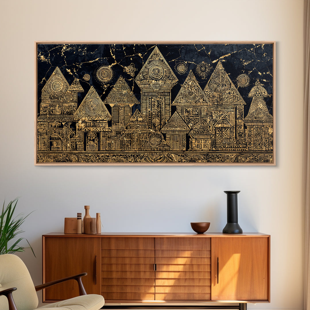 Gold Tribal Village Houses On Black Wall Art, African Tribal Art, Ancient African Art Print, Luxury Cultural Home Decor Gift