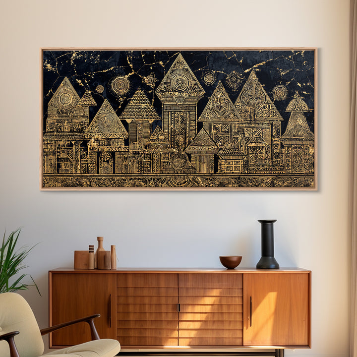 Gold Tribal Village Houses On Black Wall Art, African Tribal Art, Ancient African Art Print, Luxury Cultural Home Decor Gift