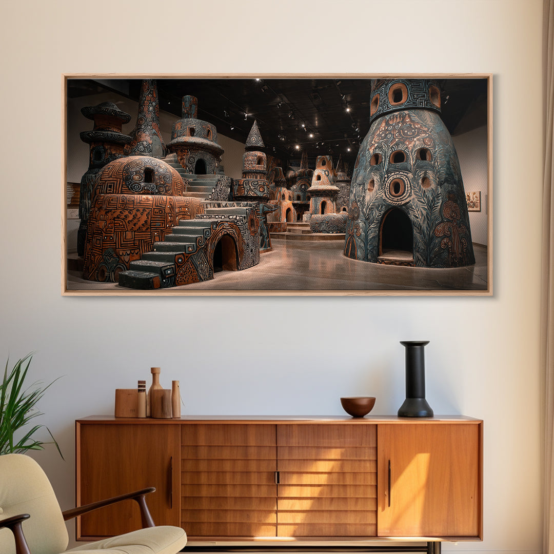 Monumental African Ceramic Sculpture Gallery, Framed Canvas Print, African Art Sculpture, Tribal Decor Statement Piece Gift