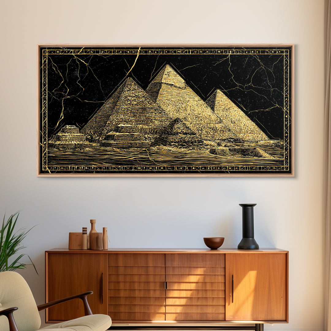 Black Gold Egyptian Pyramids Wall Art, Ancient African Art Print, Luxury Canvas Print, Mystical Statement Home Office Decor Gift