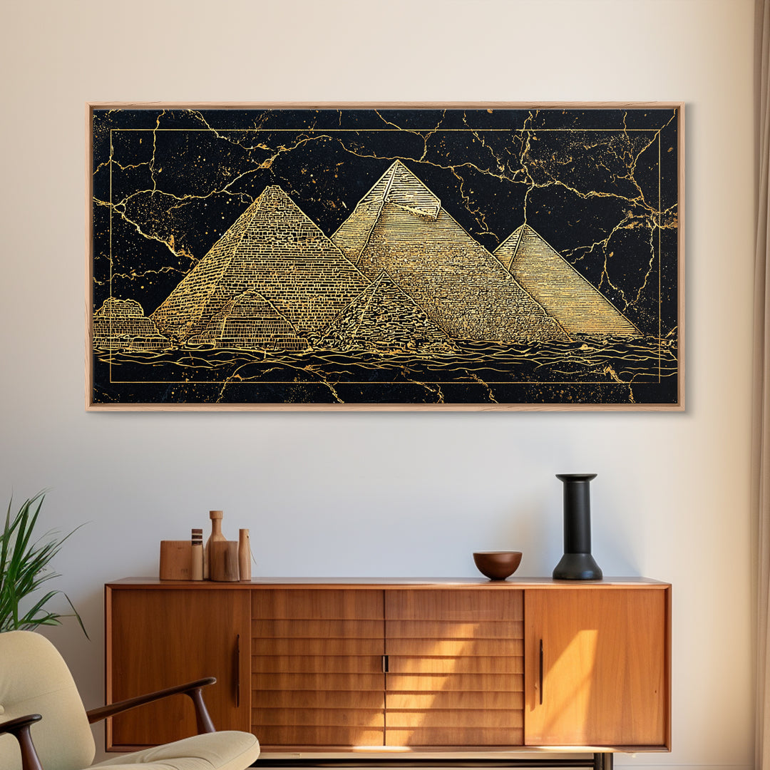 Golden Line Egyptian Pyramids Wall Art, Black Gold Canvas Print, Ancient African Artwork, Luxury Cultural Home Decor Gift