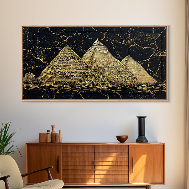 Golden Line Egyptian Pyramids Wall Art, Black Gold Canvas Print, Ancient African Artwork, Luxury Cultural Home Decor Gift