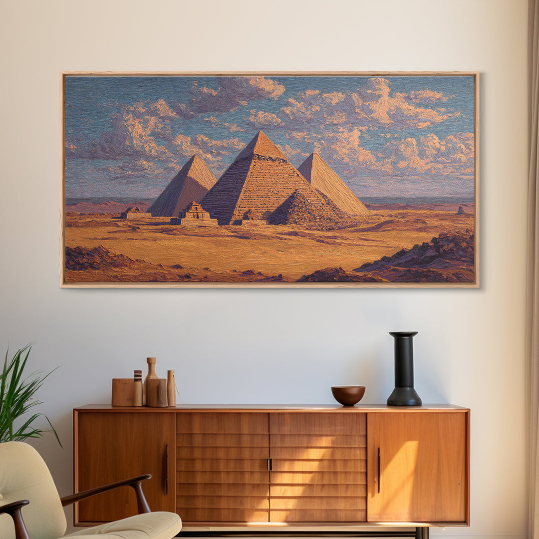 Sunlit Giza Pyramids Desert Wall Art, Egyptian Landscape Canvas Print, Ancient African Art, Warm Earth Tone Decor For Living Room