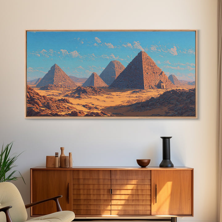Blue Sky Giza Pyramids Wall Art, Egyptian Desert Landscape Canvas Print, Ancient African Art, Warm Cultural Decor Gift For Her