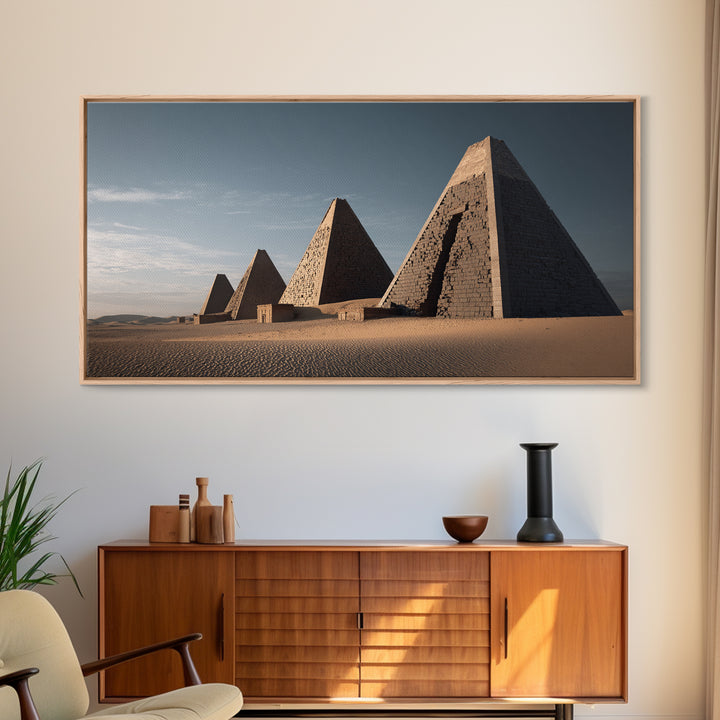Sunlit Desert Pyramids African Landscape Framed Canvas Print, African Egyptian Art, Sahara Travel Poster, Living Room Decor