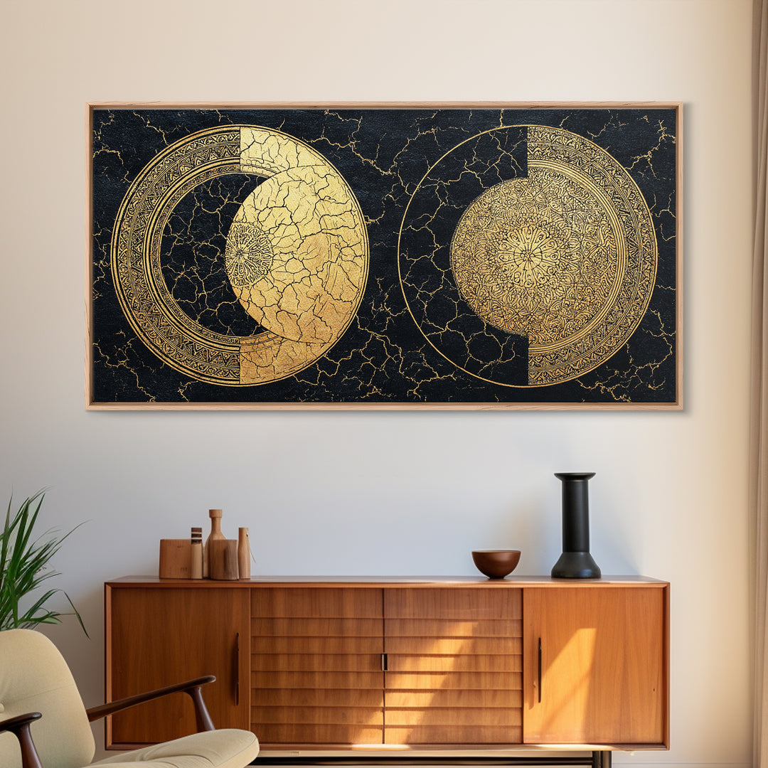 Gold Celestial Moon Phases On Cracked Black Wall Art, Abstract Art, Spiritual Wall Art, Modern Canvas Art, Home Decor Gift
