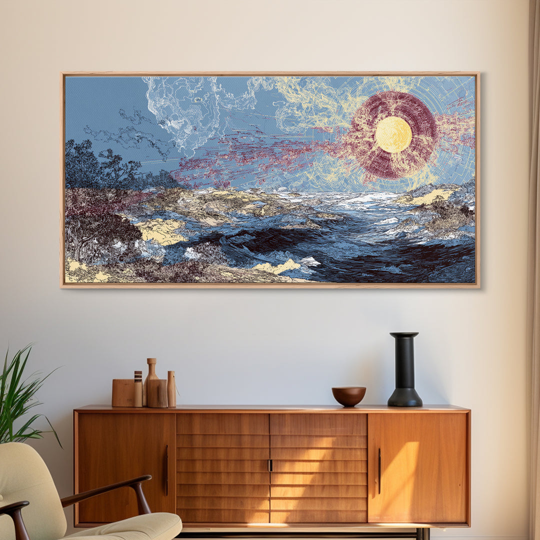 Radiant Sun Over Abstract Ocean Landscape Canvas Print, Blue Wall Art, Modern Art, Nature Scene Art, Coastal Home Decor Gift