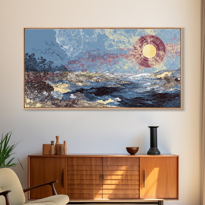 Radiant Sun Over Abstract Ocean Landscape Canvas Print, Blue Wall Art, Modern Art, Nature Scene Art, Coastal Home Decor Gift