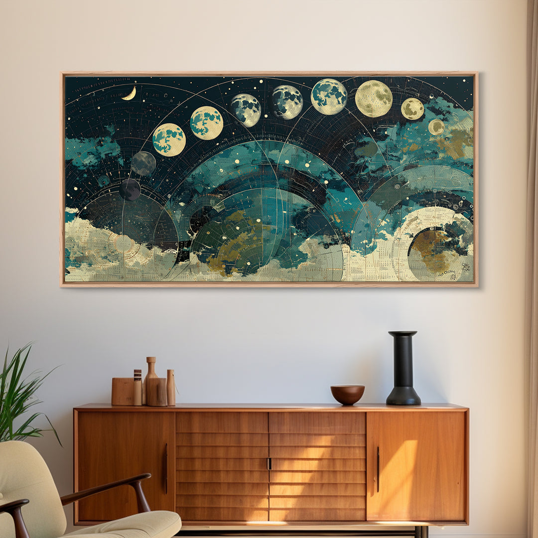 Teal Moon Phase Night Sky Celestial Wall Art, Spiritual Wall Art, Mystical Wall Art, Abstract Canvas Art, Bedroom Decor Gift