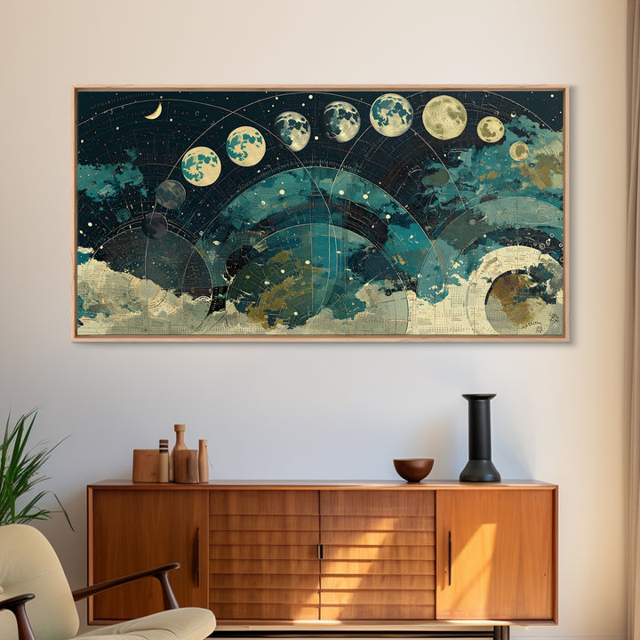 Teal Moon Phase Night Sky Celestial Wall Art, Spiritual Wall Art, Mystical Wall Art, Abstract Canvas Art, Bedroom Decor Gift