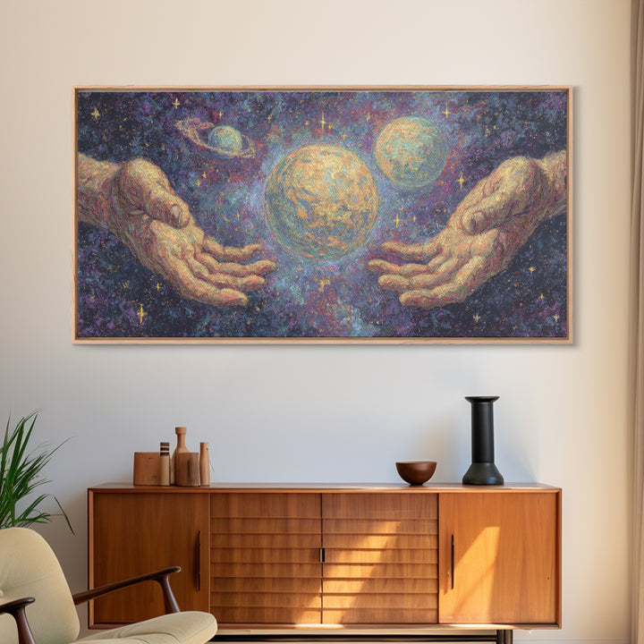 Mystical Hands Holding Planets Cosmic Wall Art, Spiritual Wall Art, Abstract Art, Dreamy Wall Art, Unique Canvas Print Home Decor