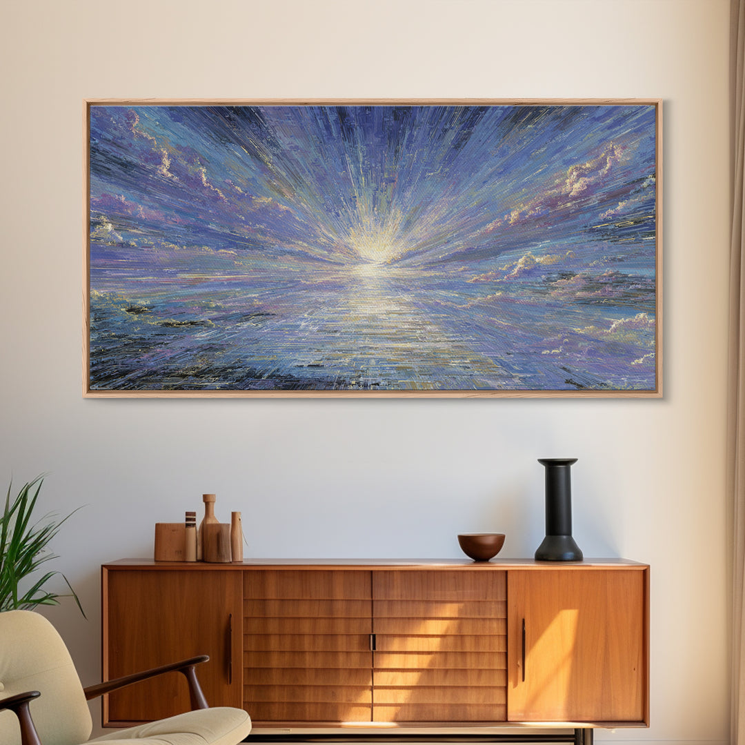 Radiant Sunrise Over Shimmering Ocean Wall Art, Blue Wall Art, Nature Scene Art, Modern Canvas Art, Living Room Decor Gift