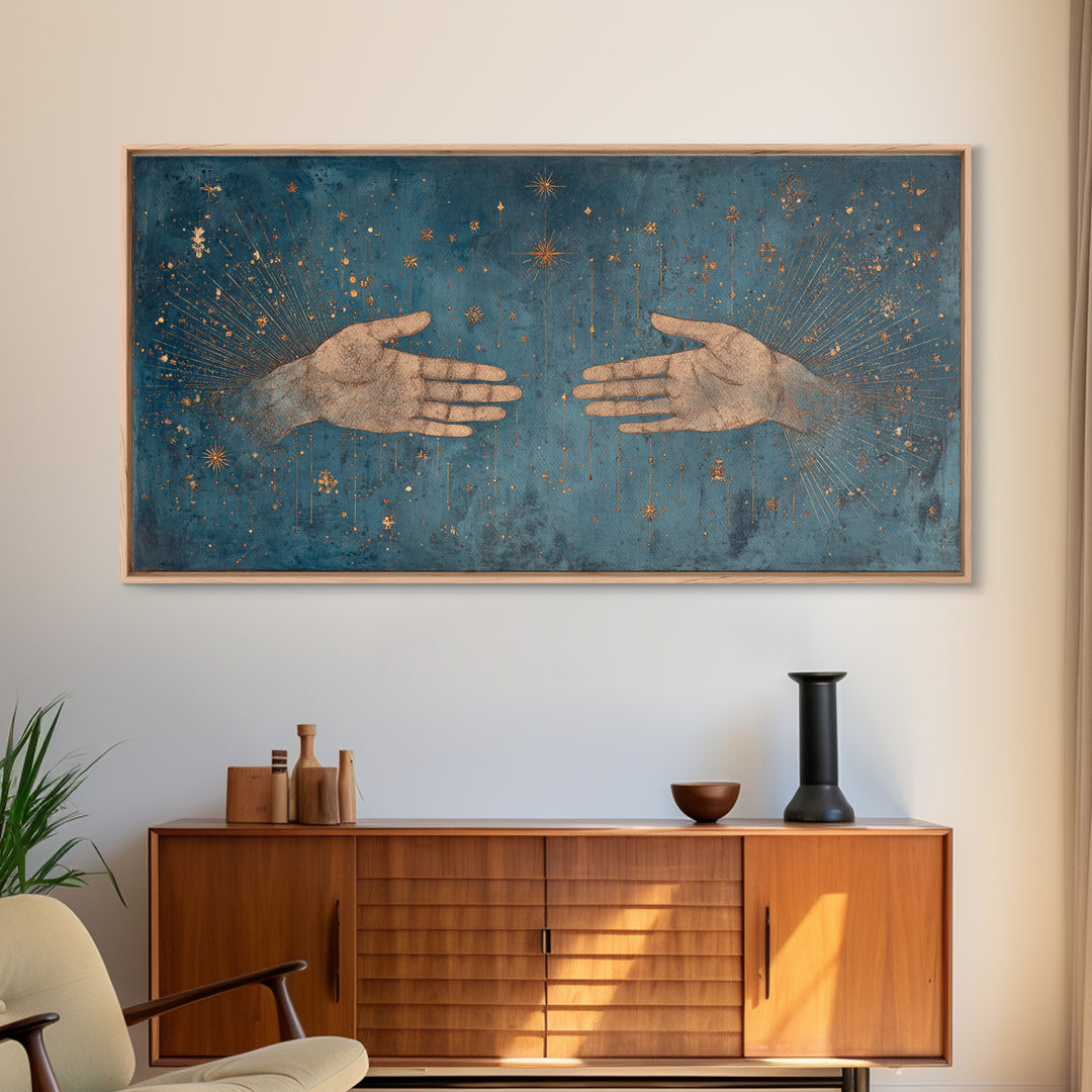 Two Open Hands With Golden Stars Teal Wall Art, Spiritual Wall Art, Mystical Wall Art, Feminine Wall Art, Unique Home Decor
