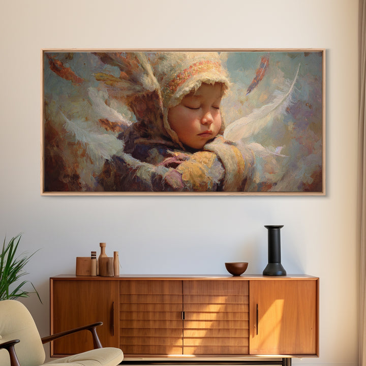 Sleeping Angel Child Canvas Print, Dreamy Spiritual Wall Decor, Soft Nursery Portrait, Peaceful Gift For Her, Unique Home Decor