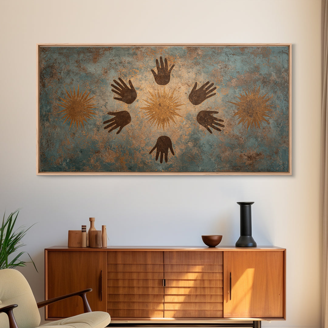 Ancient Handprint Symbols Wall Art, Tribal Abstract Painting, Earth Tone Spiritual Decor, Rustic Cultural Home Decor Gift