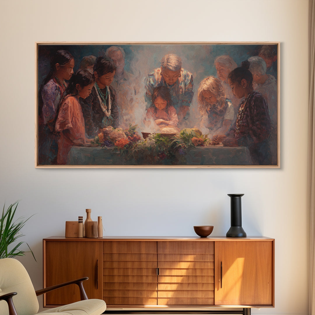 Children Around Harvest Table Canvas Print, Multicultural Family Prayer, Warm Kitchen Decor, Meaningful Housewarming Gift