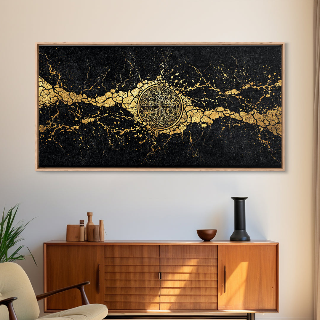 Black And Gold Medallion Canvas Print, Luxury Abstract Wall Decor, Cracked Marble Texture, Elegant Statement Home Decor Gift