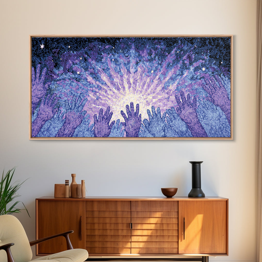 Hands Reaching Toward Light Wall Art, Mystical Spiritual Canvas Decor, Blue Purple Starburst, Dreamy Meditation Gift For Home