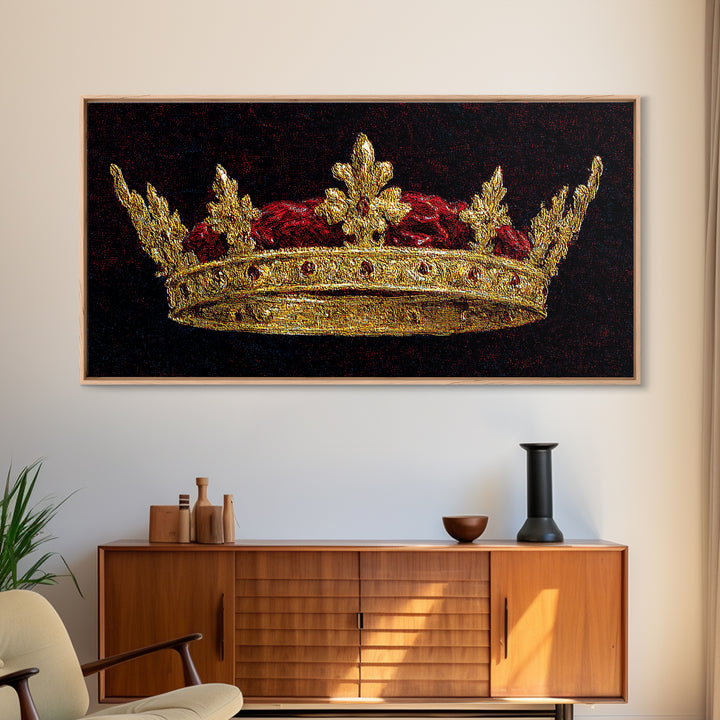 Golden Royal Crown Framed Canvas Print, Black And Gold Wall Decor, Regal Jewel Painting, Luxury Statement Home Decor Gift For Him