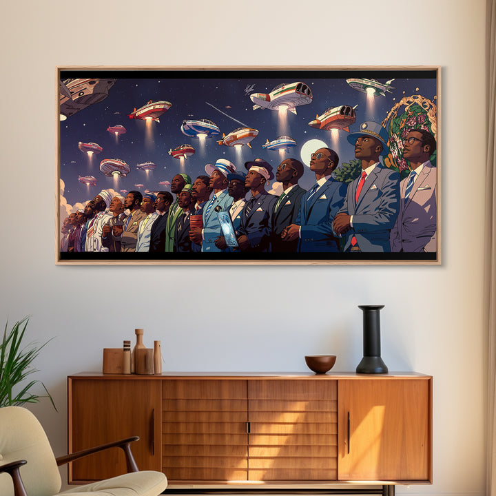 Afrofuturist Skywatchers Canvas Print, Black Men In Suits With Ufo Ships, Modern Afro Wall Decor, Unique Sci Fi Statement Home Decor Gift