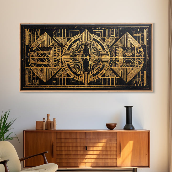 Gold Tribal Geometric Pattern Canvas Print, African Abstract Wall Art, Afrocentric Decor, Black Gold Luxury Home Decor, Statement Decor