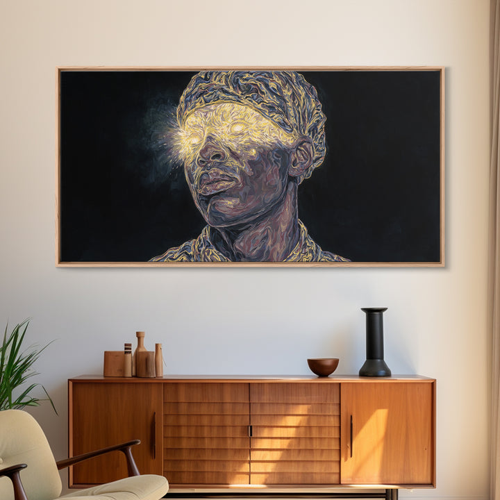Glowing Eyed African Elder Portrait Framed Canvas Print, Visionary Black Art, Afrocentric Wall Art, Spiritual Home Decor