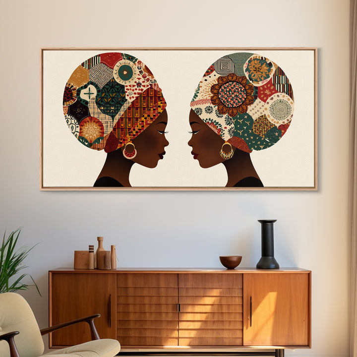 Twin African Women In Ankara Headwraps Canvas Print, Black Woman Wall Art, Afrocentric Decor, Elegant Cultural Home Decor