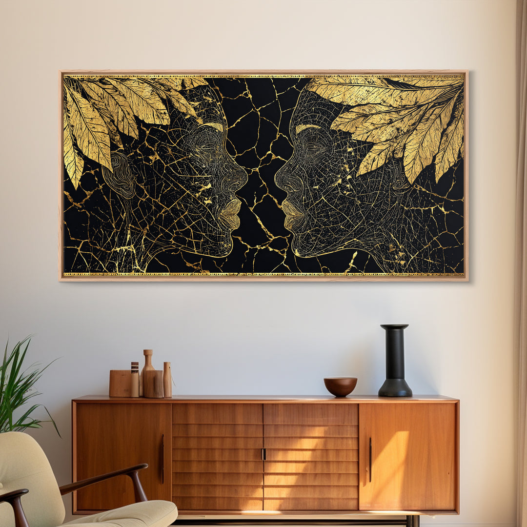 Gold Leaf African Profile Faces Wall Art, Black Gold Abstract Portrait, Afrocentric Canvas Print, Elegant Cultural Decor