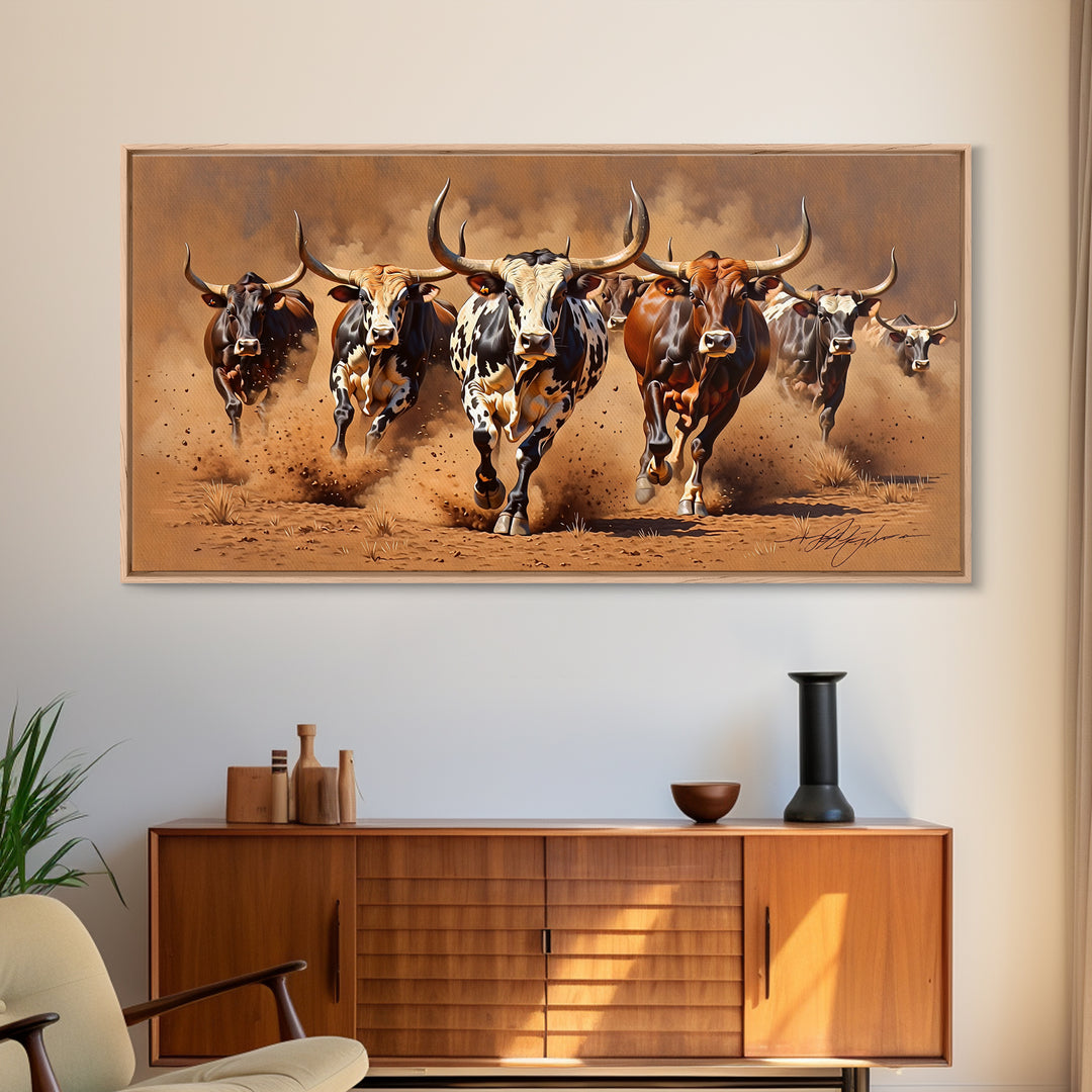 Charging Longhorn Cattle Canvas Print, African Safari Animal Art, Rustic Western Wall Art, Brown Dusty Ranch Home Decor Gift