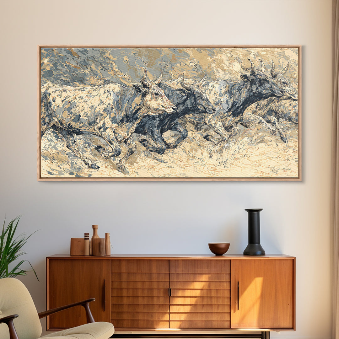 White Cattle Herd In Dusty Motion Framed Canvas Print, African Animal Art, Safari Wall Art, Beige Blue Rustic Home Decor