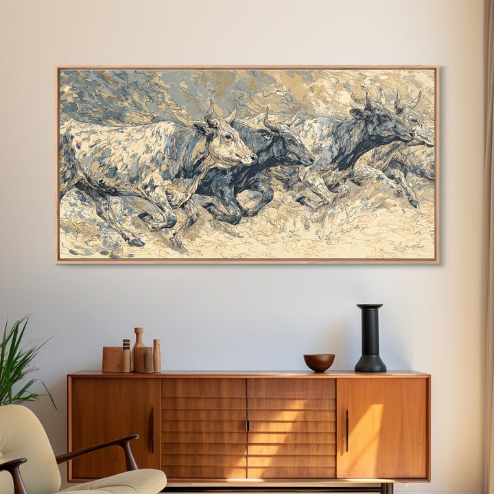 White Cattle Herd In Dusty Motion Framed Canvas Print, African Animal Art, Safari Wall Art, Beige Blue Rustic Home Decor