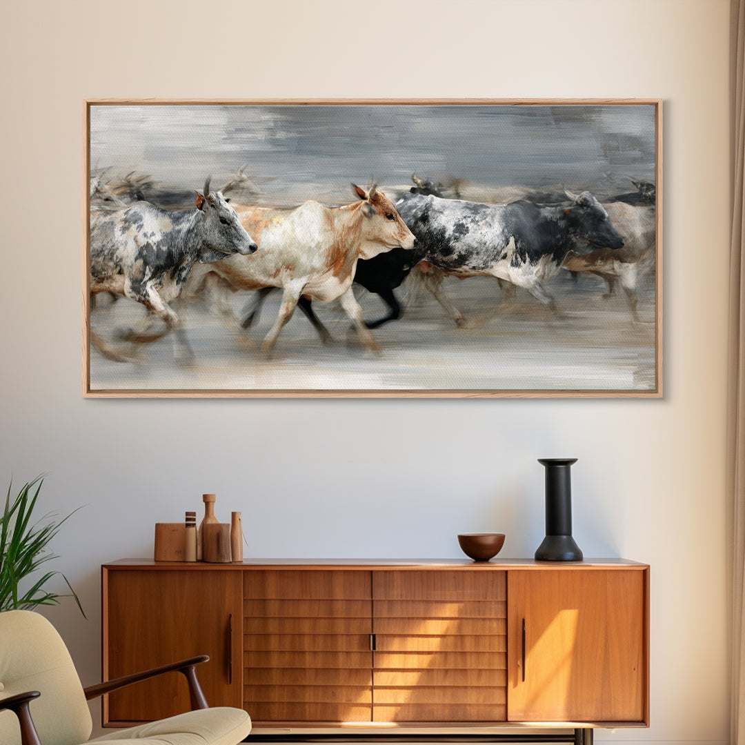 Blurred Running Cattle Herd Canvas Print, African Safari Wall Art, Modern Animal Painting, Neutral Rustic Living Room Decor