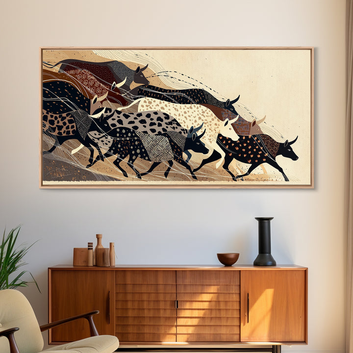 Patterned Cattle Herd Wall Art, Boho African Animal Art, Tribal Textile Canvas Print, Earth Tone Safari Unique Home Decor Gift