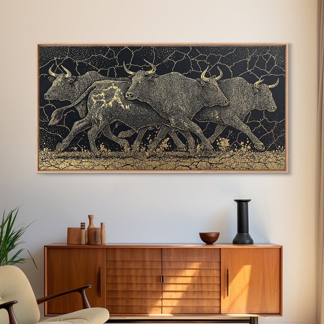 Black Gold Running Cattle Wall Art, African Animal Art, Tribal Crackle Canvas Print, Luxury Safari Decor, Statement Piece