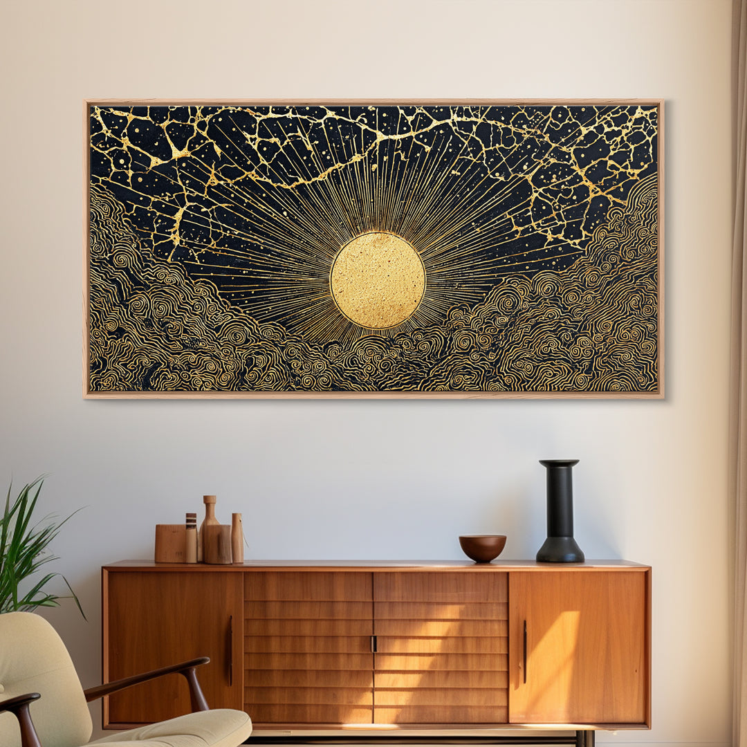 Golden Sunburst Over Black Waves Wall Art, African Inspired Abstract, Black And Gold Decor, Luxury Canvas For Living Room