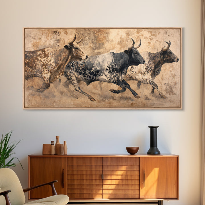 Running African Cattle Canvas Print, Rustic Safari Animal Painting, Earth Tone Wall Decor, Modern Farmhouse Home Decor, Housewarming Gift