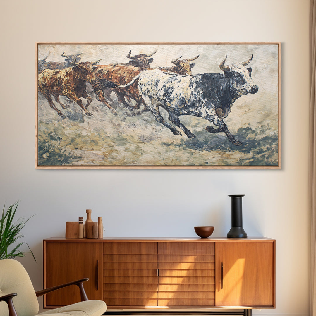 Textured Longhorn Cattle Framed Canvas Print, African Safari Wall Art, Rustic Animal Painting, Neutral Living Room Decor