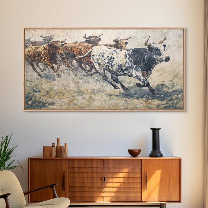 Textured Longhorn Cattle Framed Canvas Print, African Safari Wall Art, Rustic Animal Painting, Neutral Living Room Decor