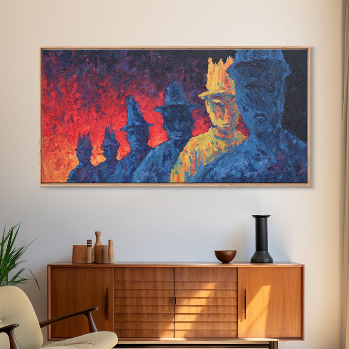 Fiery Blue And Gold Figures Framed Canvas Print, African Warrior Art, Bold Abstract Black Art, Vibrant Statement Home Decor