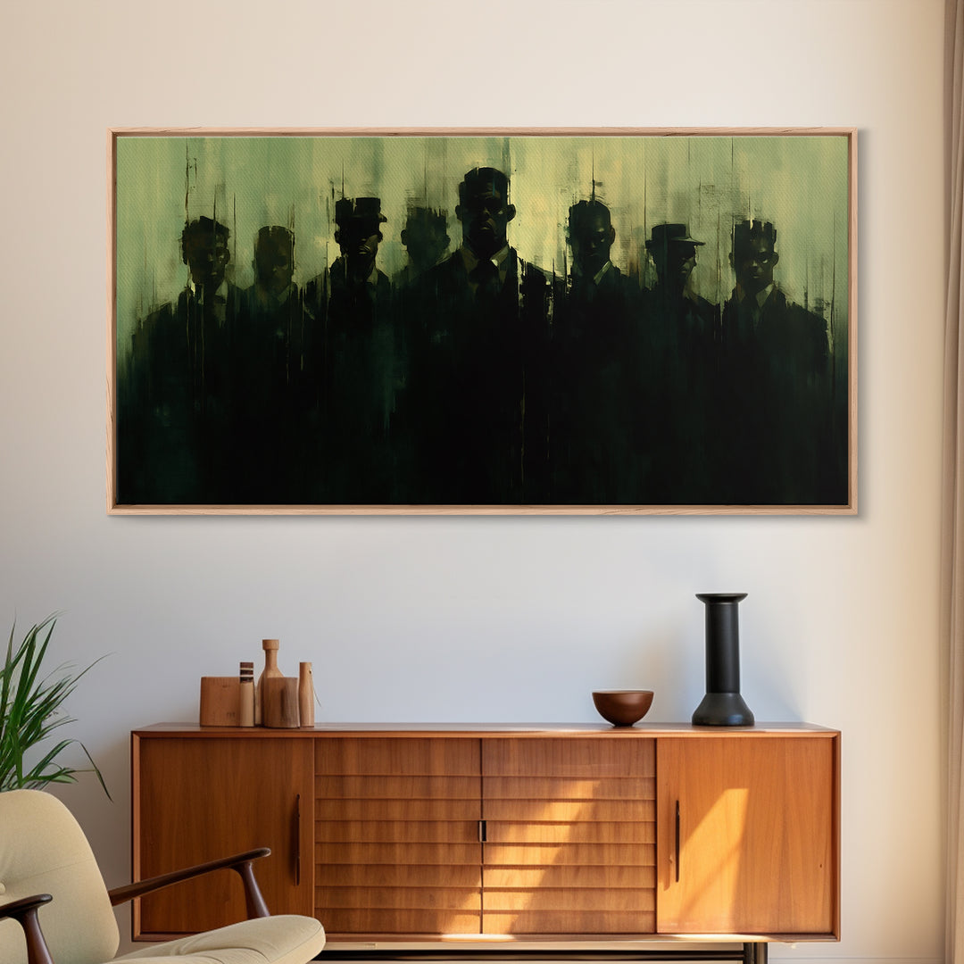 Green Shadow Men In Hats Canvas Print, Moody Black Wall Art, African American Portrait, Minimalist Office Decor Gift For Him