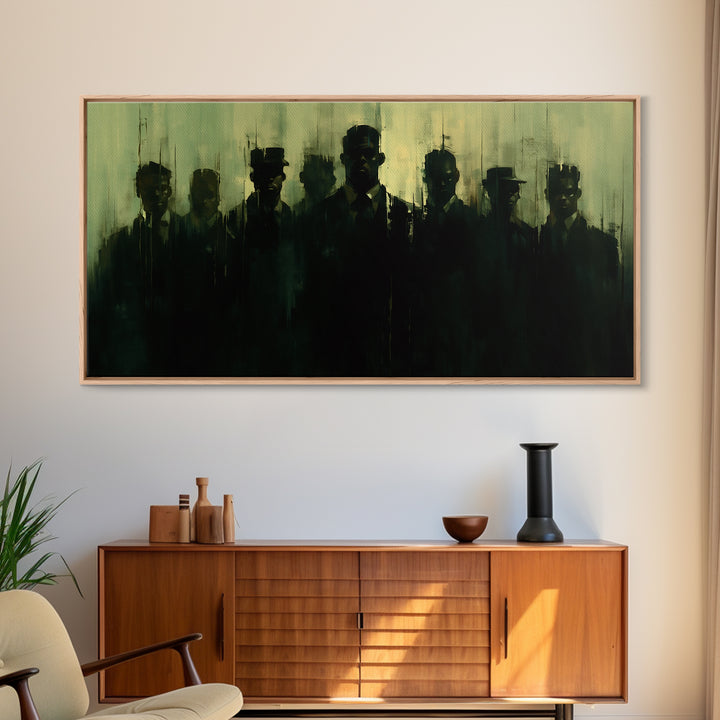 Green Shadow Men In Hats Canvas Print, Moody Black Wall Art, African American Portrait, Minimalist Office Decor Gift For Him