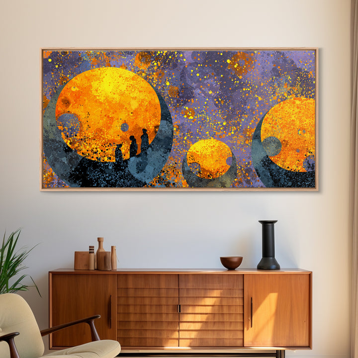 Orange Moon Figures Wall Art, African Inspired Abstract Landscape, Black Silhouette Home Decor, Afrofuturism Canvas Print