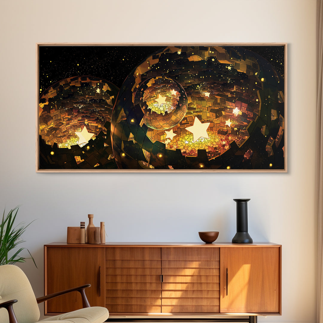 Golden Star Lantern Domes At Night Wall Art, Afrofuturism Decor, Modern African Inspired Canvas, Boho Home Decor Gift For Her