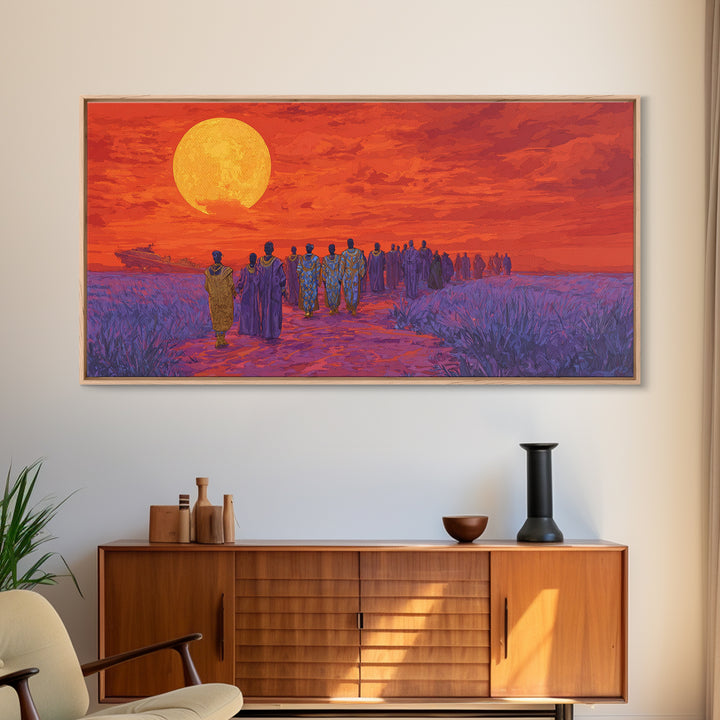 African Procession Under Orange Sun Framed Canvas Print, African Women Art, Cultural Wall Decor, Afrocentric Home Decor Gift
