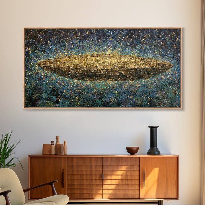 Glowing Golden Oval Over Blue Meadow Canvas Print, Abstract African Art, Textured Art Print, Luxury Canvas Art Decor Gift
