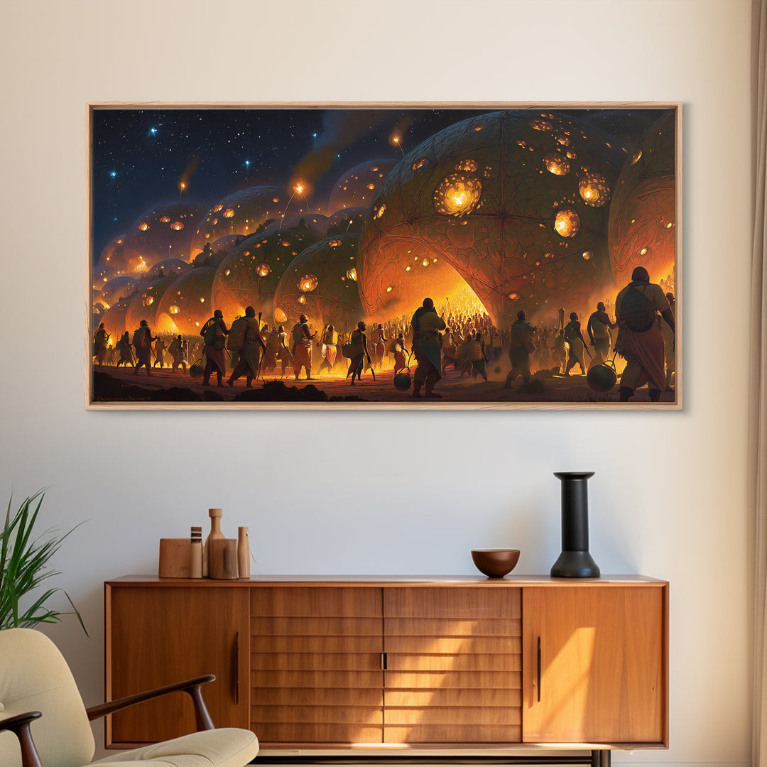 Fiery Afrofuturist Dome Village Wall Art, Modern African Art, Black Culture Art, Statement Canvas Decor For Living Room Gift